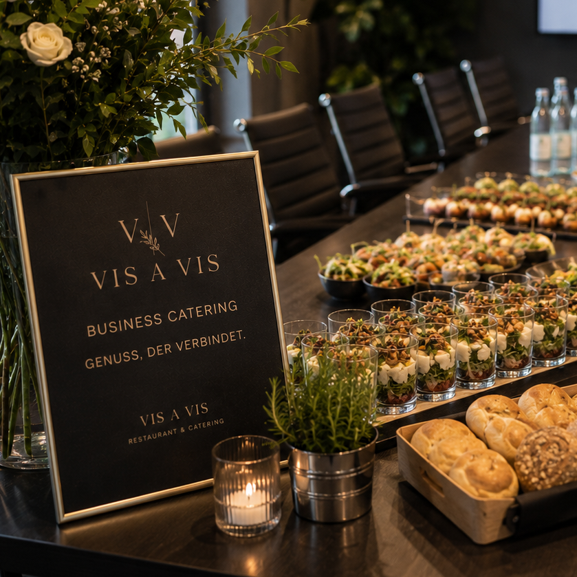 Business Catering Buffet für Business Catering mit Salaten im Glas, Fingerfood und Brötchen