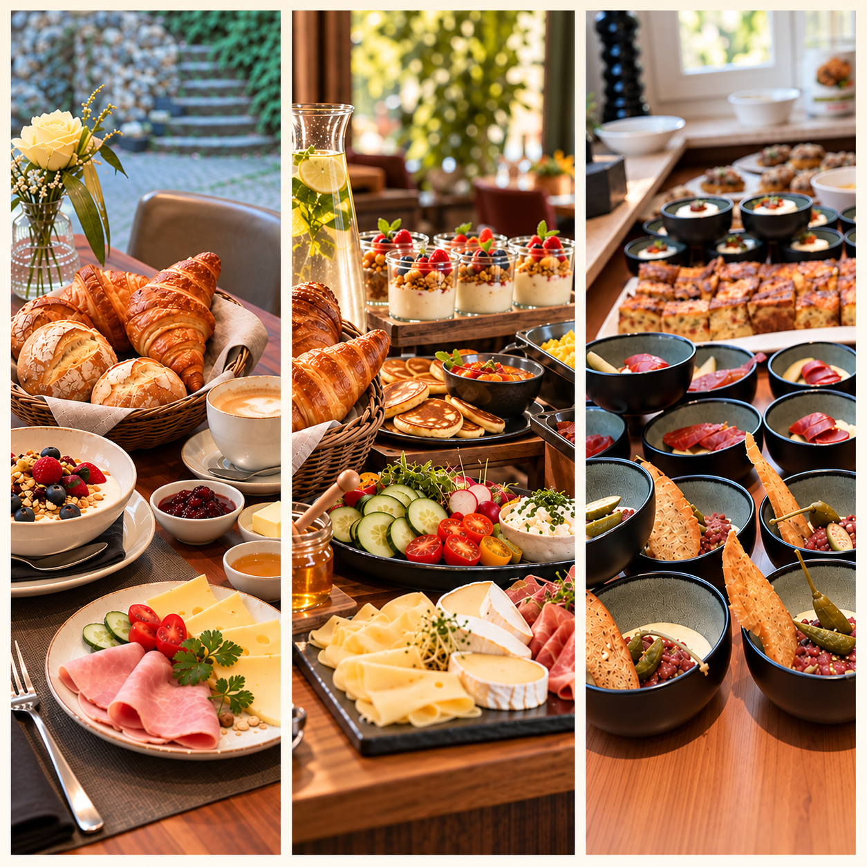 Frühstück, Brunch & Sharing im VIS A VIS Collage mit gedecktem Frühstückstisch, Brunchbuffet und Sharing-Gerichten in kleinen Schalen im VIS A VIS in Tecklenburg.